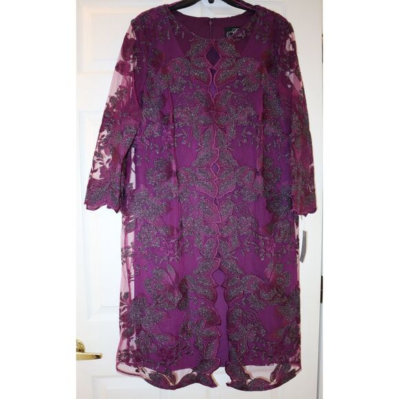 Alex Evenings Women Sz 14 Plum Purple Embroidered Sheer Overlay Midi Dress - Picture 1 of 10